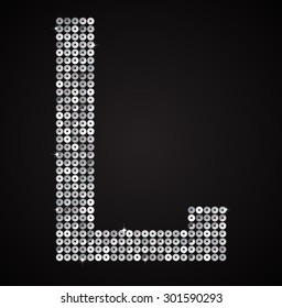 Vector sequins letter - L. Glitter font shape of silver dots, points, circles. Sequin type, alphabet, font. Creative disco club bright sparkle. Silver glitters, sparkles, paillettes letters.