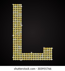Vector sequins letter - L. Glitter font shape of golden dots, points, circles. Sequin type, alphabet, font. Creative disco club bright sparkle. Gold glitters, sparkles, paillettes letters.