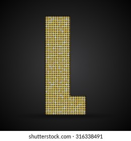 Vector sequins letter - L. Glitter font shape of golden dots, points, circles. Sequin type, alphabet, font. Creative disco club bright sparkle. Gold glitters, sparkles, paillettes letters.