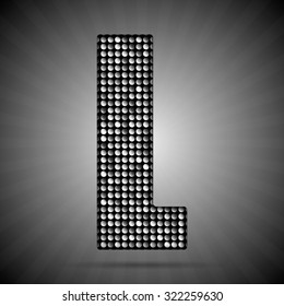Vector sequins letter - L. Glitter font shape of silver dots, points, circles. Sequin type, alphabet, font. Creative disco club bright sparkle. Silver glitters, sparkles, paillettes letters.