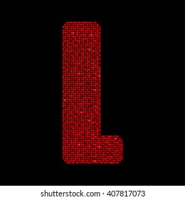 Vector sequins letter - L. Glitter font shape of red dots, points, circles. Sequin type, alphabet, font. Creative disco club bright sparkle. Red glitters, sparkles, paillettes letters.