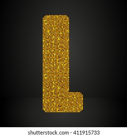 Vector sequins letter - L. Glitter font shape of golden dots, points, circles. Sequin type, alphabet, font. Creative disco club bright sparkle. Gold glitters, sparkles, paillettes letters.