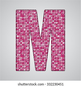 Vector sequins letter - M. Glitter font shape of pink dots, points, circles. Sequin type, alphabet, font. Creative disco club bright sparkle. Pink glitters, sparkles, paillettes letters.