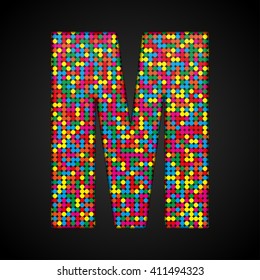 Vector sequins letter - M. Glitter font shape of colored dots, points, circles. Sequin type, alphabet, font. Creative disco club bright sparkle. Multi color glitters, sparkles, paillettes letters.