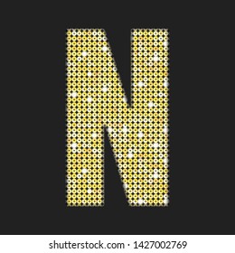 Vector sequins letter - N. Glitter font shape of golden dots, points, circles. Sequin type alphabet, font. Creative disco club bright sparkle. Gold glitters, sparkles, paillettes letters.