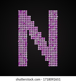 Vector sequins letter - N. Glitter font shape of pink dots, points, circles. Sequin type, alphabet, font. Creative disco club bright sparkle. Purple glitters, sparkles, paillettes letters.