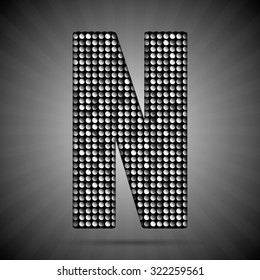 Vector sequins letter - N. Glitter font shape of silver dots, points, circles. Sequin type, alphabet, font. Creative disco club bright sparkle. Silver glitters, sparkles, paillettes letters.