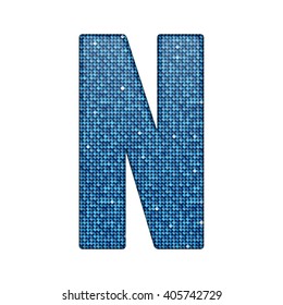 Vector sequins letter - N. Glitter font shape of blue dots, points, circles. Sequin type, alphabet, font. Creative disco club bright sparkle. Blue glitters, sparkles, paillettes letters.