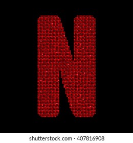 Vector sequins letter - N. Glitter font shape of red dots, points, circles. Sequin type, alphabet, font. Creative disco club bright sparkle. Red glitters, sparkles, paillettes letters.