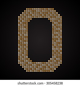 Vector sequins letter - O. Glitter font shape of goldendots, points, circles. Sequin type, alphabet, font. Creative disco club bright sparkle. Gold glitters, sparkles, paillettes letters.