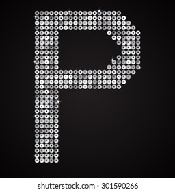 Vector sequins letter - P. Glitter font shape of silver dots, points, circles. Sequin type, alphabet, font. Creative disco club bright sparkle. Silver glitters, sparkles, paillettes letters.