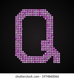 Vector sequins letter - Q. Glitter font shape of pink dots, points, circles. Sequin type, alphabet, font. Creative disco club bright sparkle. Purple glitters, sparkles, paillettes letters.