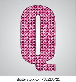 Vector sequins letter - Q. Glitter font shape of pink dots, points, circles. Sequin type, alphabet, font. Creative disco club bright sparkle. Pink glitters, sparkles, paillettes letters.