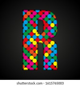 Vector sequins letter - R. Glitter font shape of colored dots, points, circles. Sequin type, alphabet, font. Creative disco club bright sparkle. Multi color glitters, sparkles, paillettes letters.