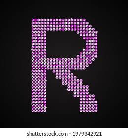 Vector sequins letter - R. Glitter font shape of pink dots, points, circles. Sequin type, alphabet, font. Creative disco club bright sparkle. Purple glitters, sparkles, paillettes letters.