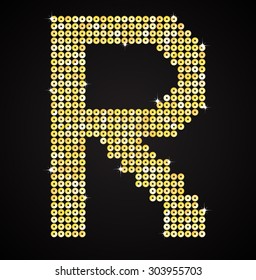 Vector sequins letter - R. Glitter font shape of golden dots, points, circles. Sequin type, alphabet, font. Creative disco club bright sparkle. Gold glitters, sparkles, paillettes letters.