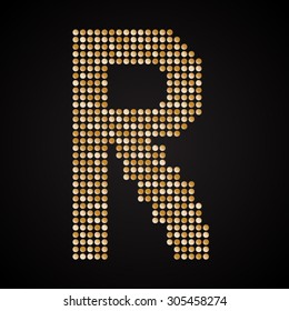 Vector sequins letter - R. Glitter font shape of golden dots, points, circles. Sequin type, alphabet, font. Creative disco club bright sparkle. Gold glitters, sparkles, paillettes letters.