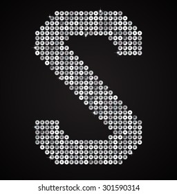 Vector sequins letter - S. Glitter font shape of silver dots, points, circles. Sequin type, alphabet, font. Creative disco club bright sparkle. Silver glitters, sparkles, paillettes letters.