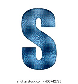 Vector Sequins Letter - S. Glitter Font Shape Of Blue Dots, Points, Circles. Sequin Type, Alphabet, Font. Creative Disco Club Bright Sparkle. Blue Glitters, Sparkles, Paillettes Letters.