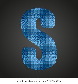 Vector sequins letter - S. Glitter font shape of blue dots, points, circles. Sequin type, alphabet, font. Creative disco club bright sparkle. Blue glitters, sparkles, paillettes letters.