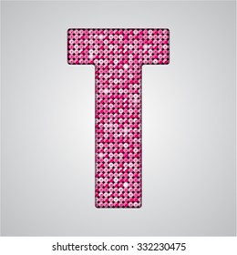 Vector sequins letter - T. Glitter font shape of pink dots, points, circles. Sequin type, alphabet, font. Creative disco club bright sparkle. Pink glitters, sparkles, paillettes letters.