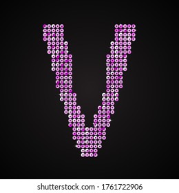 Vector sequins letter - V. Glitter font shape of pink dots, points, circles. Sequin type, alphabet, font. Creative disco club bright sparkle. Purple glitters, sparkles, paillettes letters.
