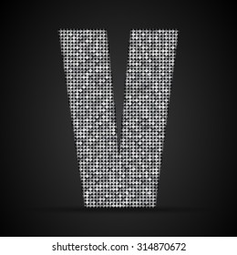 Vector sequins letter - V. Glitter font shape of silver dots, points, circles. Sequin type, alphabet, font. Creative disco club bright sparkle. Silver glitters, sparkles, paillettes letters.