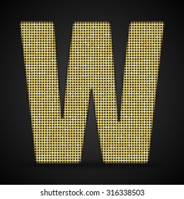 Vector sequins letter - W. Glitter font shape of golden dots, points, circles. Sequin type, alphabet, font. Creative disco club bright sparkle. Gold glitters, sparkles, paillettes letters.