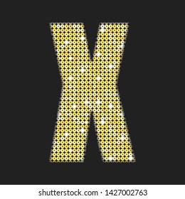 Vector sequins letter - X. Glitter font shape of golden dots, points, circles. Sequin type alphabet, font. Creative disco club bright sparkle. Gold glitters, sparkles, paillettes letters.