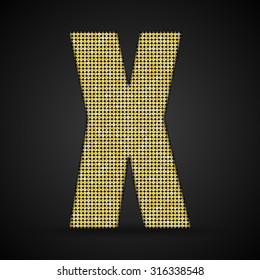 Vector sequins letter - X. Glitter font shape of golden dots, points, circles. Sequin type, alphabet, font. Creative disco club bright sparkle. Gold glitters, sparkles, paillettes letters.