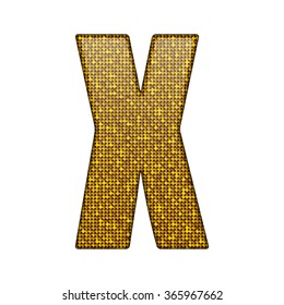 Vector sequins letter - X. Glitter font shape of golden dots, points, circles. Sequin type, alphabet, font. Creative disco club bright sparkle. Gold glitters, sparkles, paillettes letters.