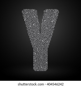 Vector sequins letter - Y. Glitter font shape of silver dots, points, circles. Sequin type, alphabet, font. Creative disco club bright sparkle. Silver glitters, sparkles, paillettes letters.