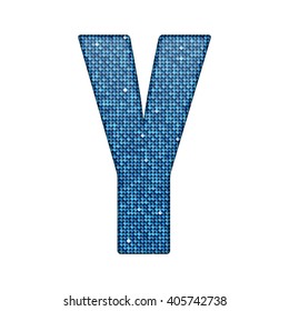 Vector sequins letter - Y. Glitter font shape of blue dots, points, circles. Sequin type, alphabet, font. Creative disco club bright sparkle. Blue glitters, sparkles, paillettes letters.