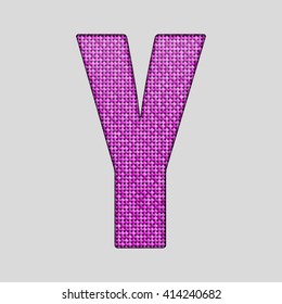 Vector sequins letter - Y. Glitter font shape of pink dots, points, circles. Sequin type, alphabet, font. Creative disco club bright sparkle. Pink glitters, sparkles, paillettes letters.