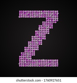 Letra de secuencia de vectores - Z. Forma de fuente brillante de puntos, puntos y círculos rosados. Tipo de secuencia, alfabeto, tipo de letra. Un club de discoteca creativo brillante. Luces moradas, chispas, letras de las baldosas.