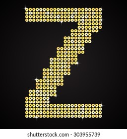 Vector sequins letter - Z. Glitter font shape of golden dots, points, circles. Sequin type, alphabet, font. Creative disco club bright sparkle. Gold glitters, sparkles, paillettes letters.