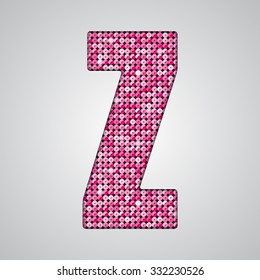 Vector sequins letter - Z. Glitter font shape of pink dots, points, circles. Sequin type, alphabet, font. Creative disco club bright sparkle. Pink glitters, sparkles, paillettes letters.