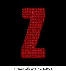 Vector sequins letter - Z. Glitter font shape of red dots, points, circles. Sequin type, alphabet, font. Creative disco club bright sparkle. Red glitters, sparkles, paillettes letters.