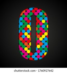 Vector sequins number - 0. Glitter number shape of colored dots, points, circles. Sequin type, alphabet, font. Creative disco club bright sparkle. Multi color glitters, sparkles, paillettes figures.