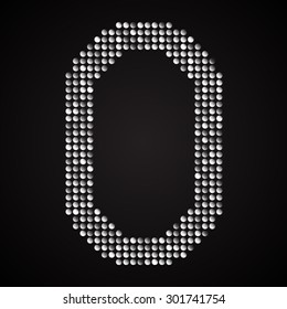 Vector sequins number - 0. Glitter font shape of silver dots, points, circles. Sequin type, alphabet, font. Creative disco club bright sparkle. Silver glitters, sparkles, paillettes figures.