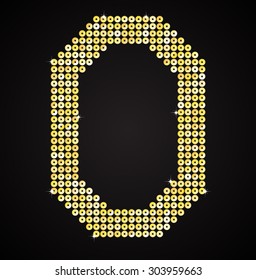 Vector sequins number - 0. Glitter font shape of golden dots, points, circles. Sequin type, alphabet, font. Creative disco club bright sparkle. Gold glitters, sparkles, paillettes figures.