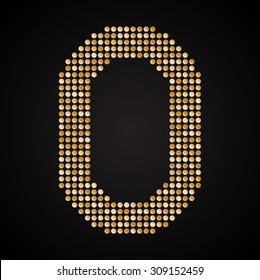 Vector sequins number - 0. Glitter font shape of golden dots, points, circles. Sequin type, alphabet, font. Creative disco club bright sparkle. Gold glitters, sparkles, paillettes figures.