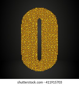 Vector sequins number - 0. Glitter font shape of golden dots, points, circles. Sequin type, alphabet, font. Creative disco club bright sparkle. Gold glitters, sparkles, paillettes figures.