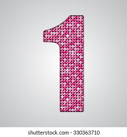 Vector sequins number - 1. Glitter font shape of pink dots, points, circles. Sequin type, alphabet, font. Creative disco club bright sparkle. Pink glitters, sparkles, paillettes figures.