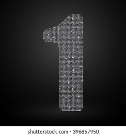 Vector sequins number - 1. Glitter font shape of silver dots, points, circles. Sequin type, alphabet, font. Creative disco club bright sparkle. Silver glitters, sparkles, paillettes figures.