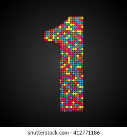 Vector sequins number - 1. Glitter font shape of colored dots, points, circles. Sequin type, alphabet, font. Creative disco club bright sparkle. Multi color glitters, sparkles, paillettes figures.
