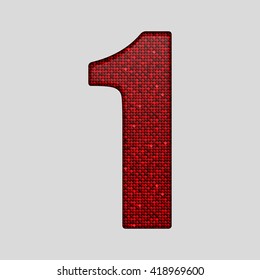 Vector sequins number - 1. Glitter font shape of red dots, points, circles. Sequin type, alphabet, font. Creative disco club bright sparkle. Red glitters, sparkles, paillettes figures.