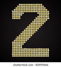 Vector sequins number - 2. Glitter font shape of golden dots, points, circles. Sequin type, alphabet, font. Creative disco club bright sparkle. Gold glitters, sparkles, paillettes figures.