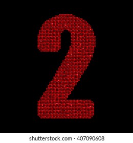 Vector sequins number - 2. Glitter font shape of red dots, points, circles. Sequin type, alphabet, font. Creative disco club bright sparkle. Red glitters, sparkles, paillettes figures.