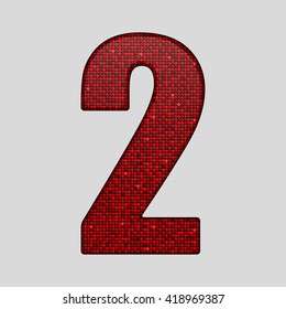 Vector sequins number - 2. Glitter font shape of red dots, points, circles. Sequin type, alphabet, font. Creative disco club bright sparkle. Red glitters, sparkles, paillettes figures.
